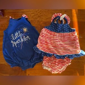Fourth of July outfits—one onesie and one tank top with matching bottoms